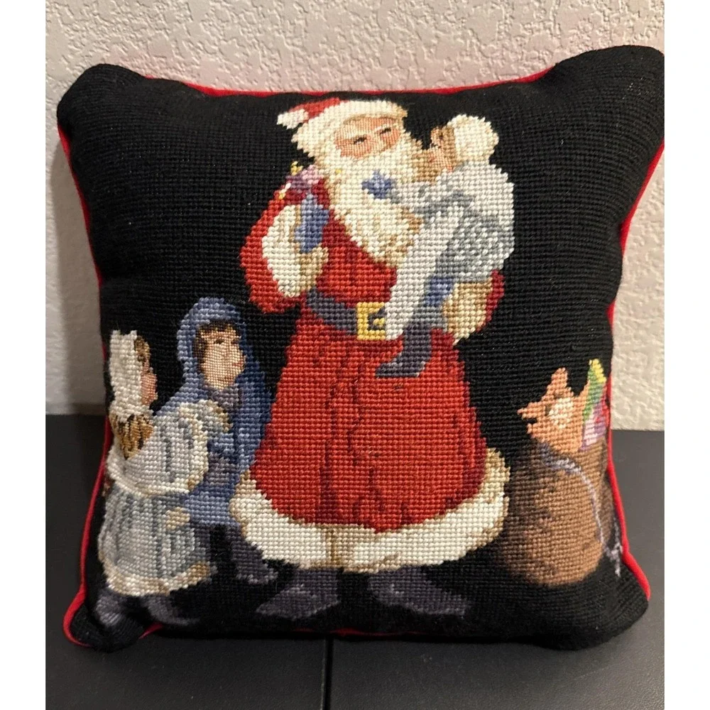 Vintage Christmas Santa Children Toy Bag Throw Pillow Needlepoint‎ Velvet 10